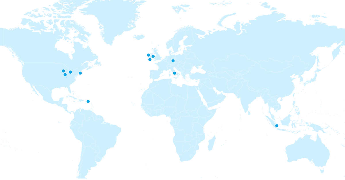A map highlighting the abbvie manuafacturing locations with blue dots in Ireland, Puerto Rico, Germany, Italy, Singapore, and the USA.